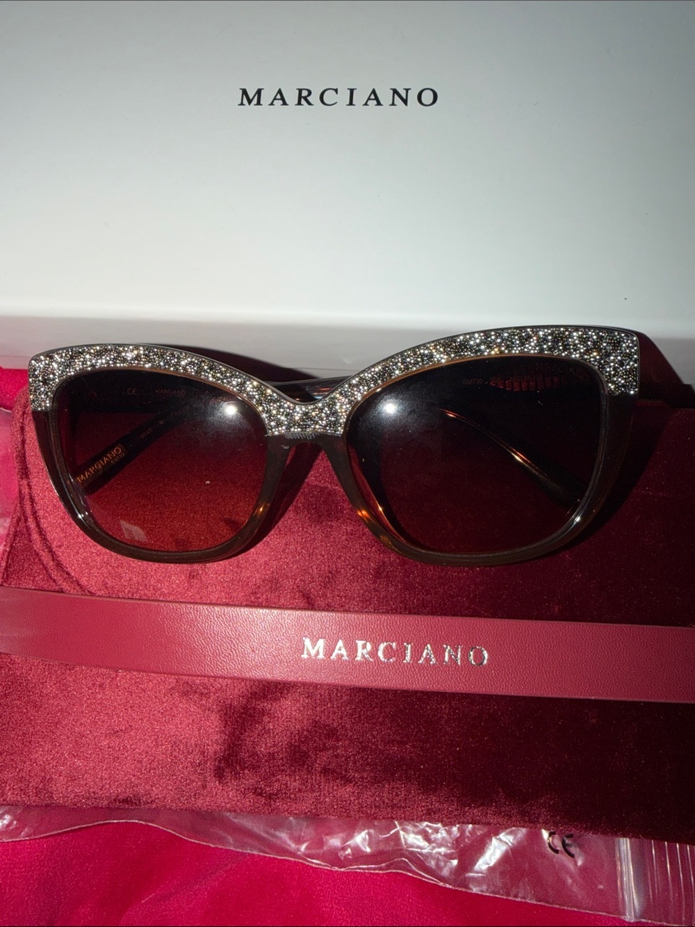 Marciano Tortoiseshell Cat-Eye Sunglasses with Crystal Trim - Brown